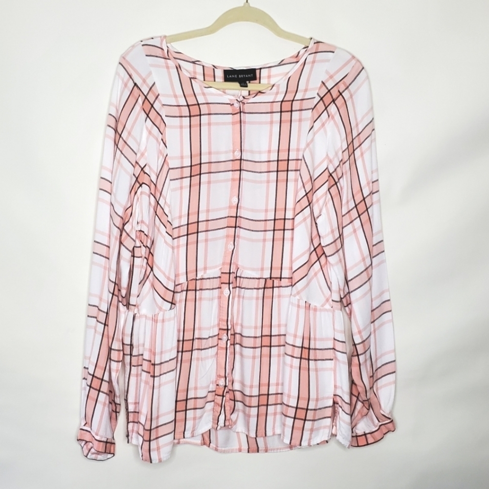 Lane Bryant Plaid‎ Babydoll Top Size 16 Button Front No-Peek Long Sleeve Rayon - Picture 2 of 12